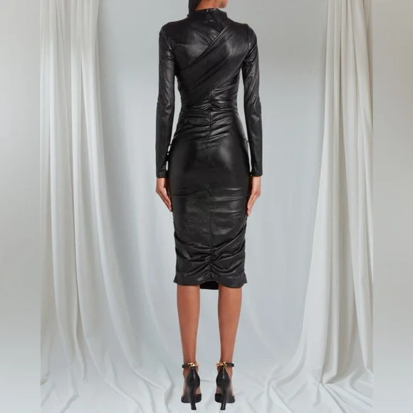 Elegant TOM FORD Ruched Long Sleeve Leather like Dress Size 38